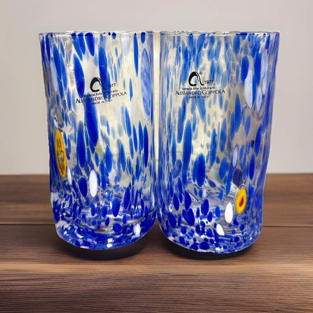 Blue Art Glass Vase Set Alessandro Coppola Murano glasses 2/Set 7.25”